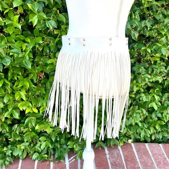 Fringe Tassel Skirt White Faux Leather Buckle Belted Mini Womens Size OS - Picture 5 of 6